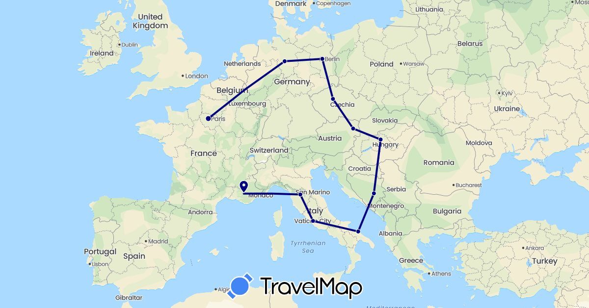TravelMap itinerary: driving in Austria, Bosnia and Herzegovina, Czech Republic, Germany, France, Hungary, Italy (Europe)